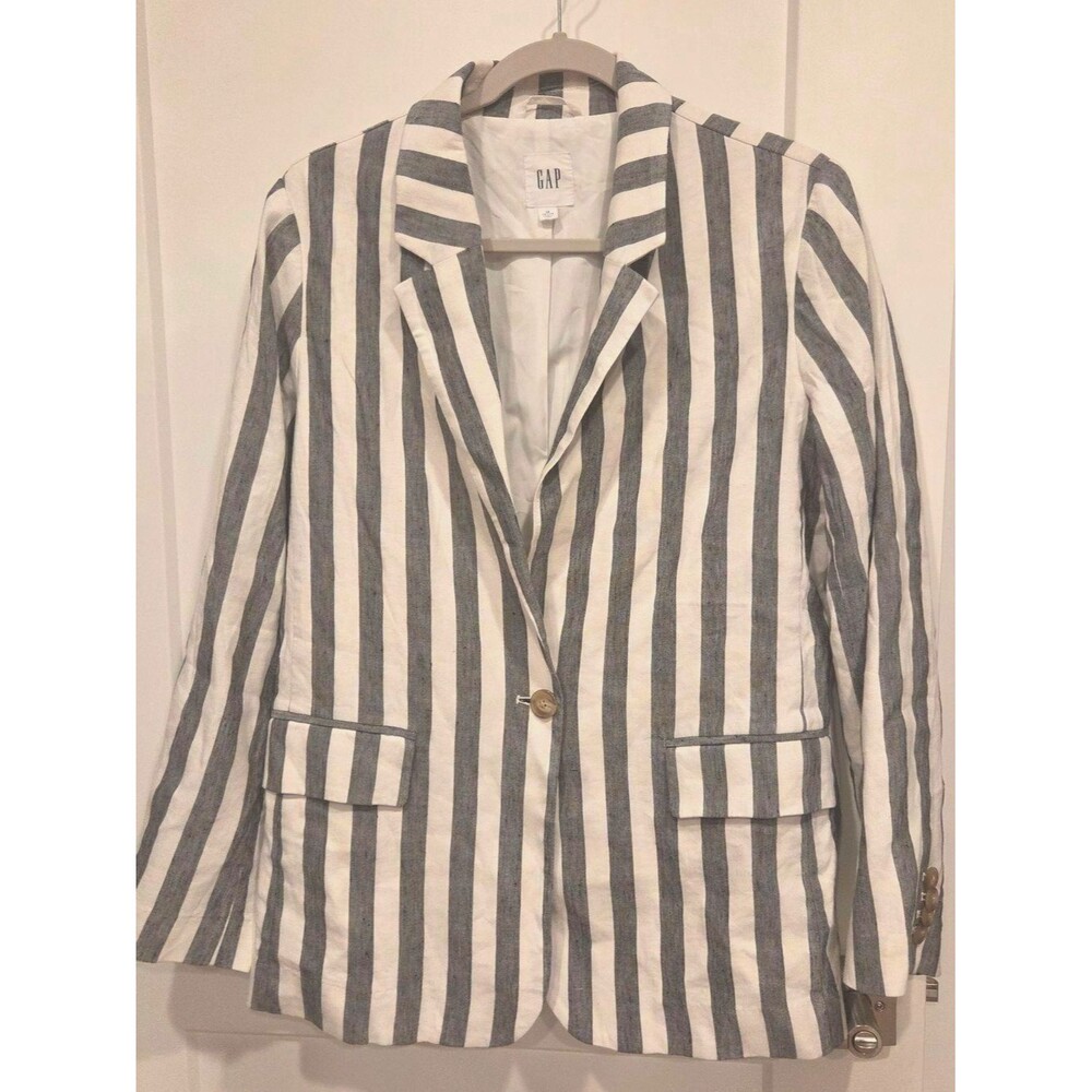 GAP Linen Blend Striped Blazer 14 Petite White Blue Nautical Coastal Preppy